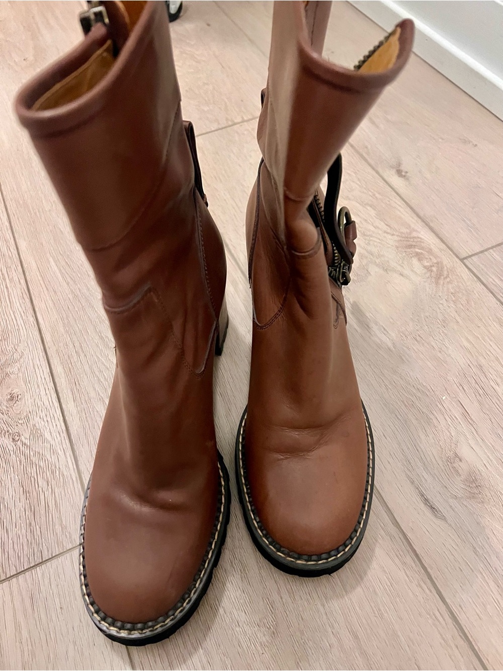 See By Chloe Brown Leather Mid-Calf Heeled Boots, as is